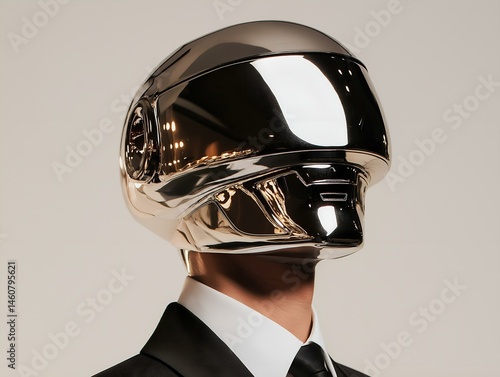chrome helmet, dark suit, neutral backdrop