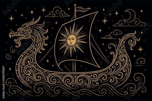 Golden Ornate Dragon Boat Illustration Artwork