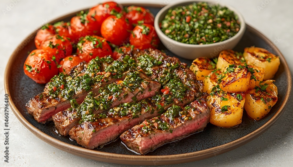 Sliced steak with chimichurri, roasted potatoes, and cherry tomatoes Sliced steak with chimichurri, roasted potatoes, and cherry tomatoes