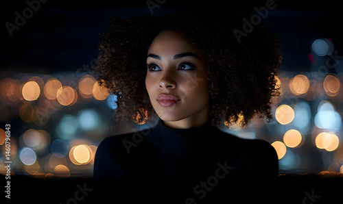 Fototapeta Naklejka Na Ścianę i Meble -  Thoughtful woman gazing at night city lights bokeh background