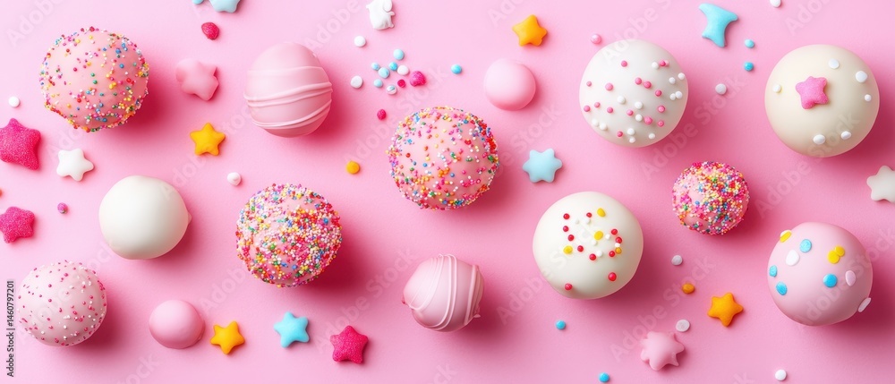 Overhead Flat Lay of Pastel Cake Pops with Sprinkles and Star Candies on Pink Background for Party or Celebration Overhead Flat Lay of Pastel Cake Pops with Sprinkles and Star Candies on Pink Background for Party or Celebration
