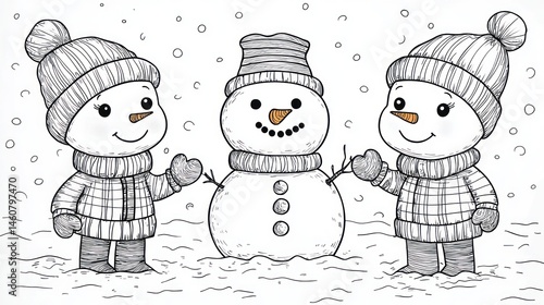 Two snowmen flanking a larger snowman, all wearing winter hats and scarves, in a snowy scene