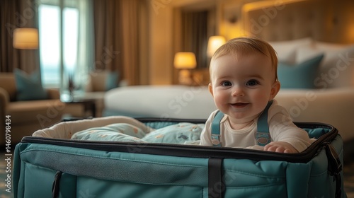 Baby in a travel suitcase inside a hotel room