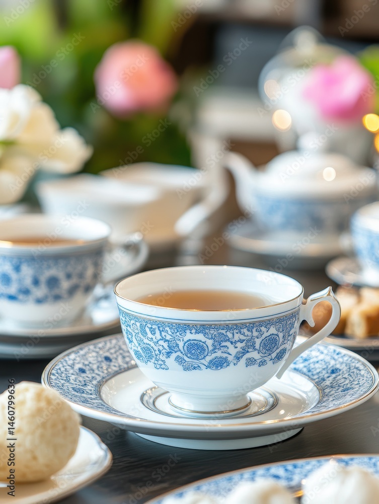 Elegant tea party close-up with blue and white china cups and teapot, soft focus floral background, indoor setting Elegant tea party close-up with blue and white china cups and teapot, soft focus floral background, indoor setting