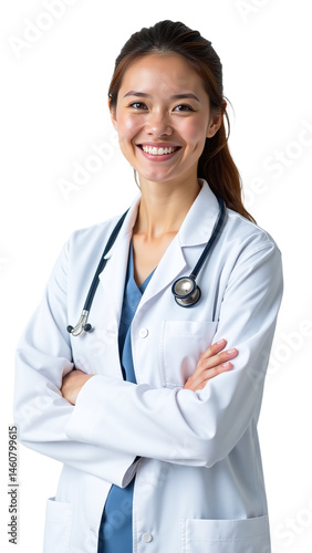 Confident young Asian female doctor in white coat with stethoscope standing with arms crossed isolated on white background for medical advertising campaigns, corporate website hero image