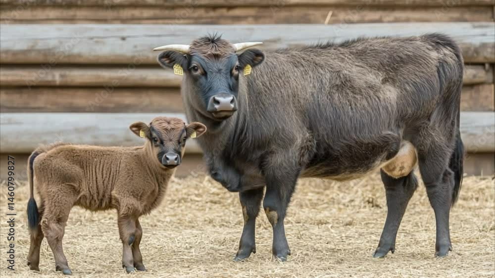 Baby Calf Standing Beside Its Mother in a Barn Baby Calf Standing Beside Its Mother in a Barn