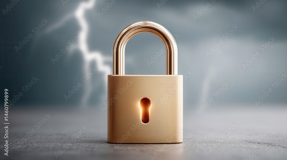 Fototapeta premium Security Concept: Golden Padlock with Stormy Background. Data Safety and Protection.