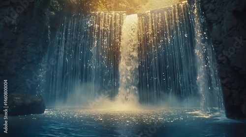 Captivating waterfall scene in a grotto with sunlight illuminating the cascading water