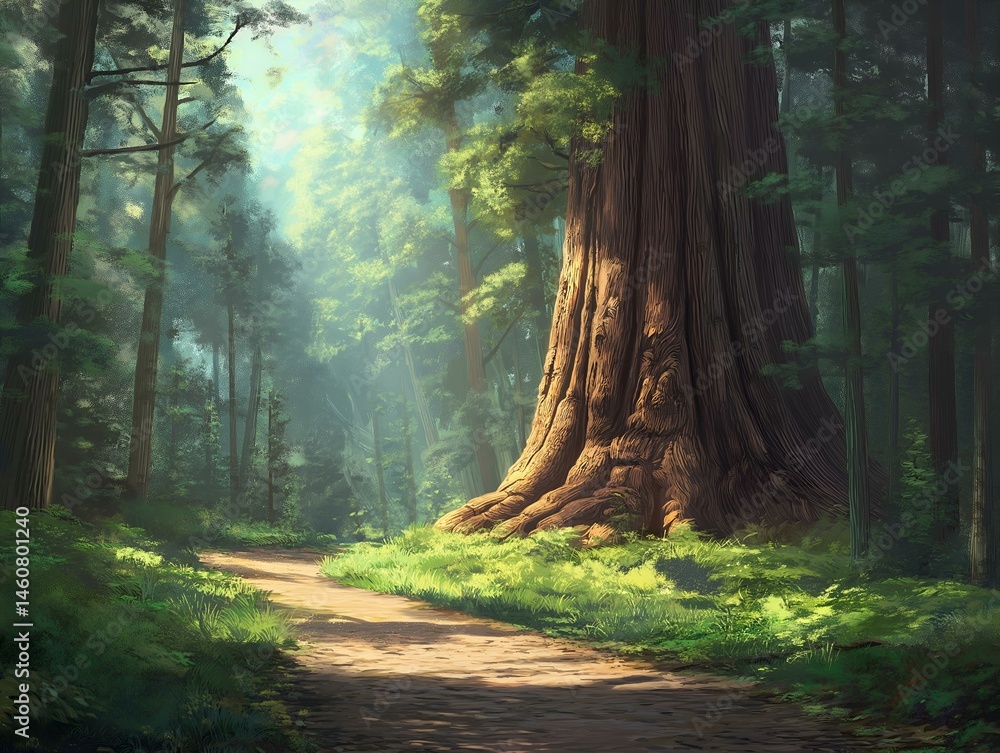 Obraz premium redwood forest path sunlight dappled light green foliage