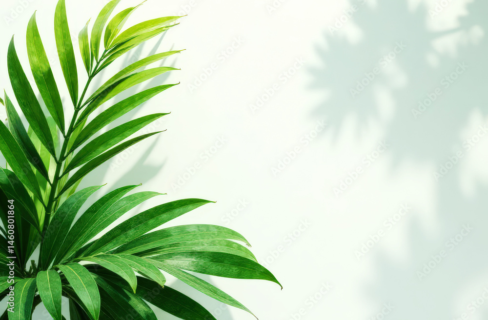 Fototapeta premium Vibrant green palm leaf casting shadow on light background