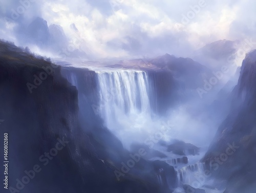 fantasy waterfall cascading down rocky cliff misty atmosphere dramatic lighting