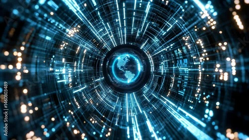 Futuristic Digital Tunnel with Glowing Blue Lights and Data Flow