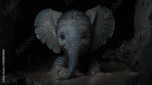 Baby Elephant Playing in a Muddy Waterhole 