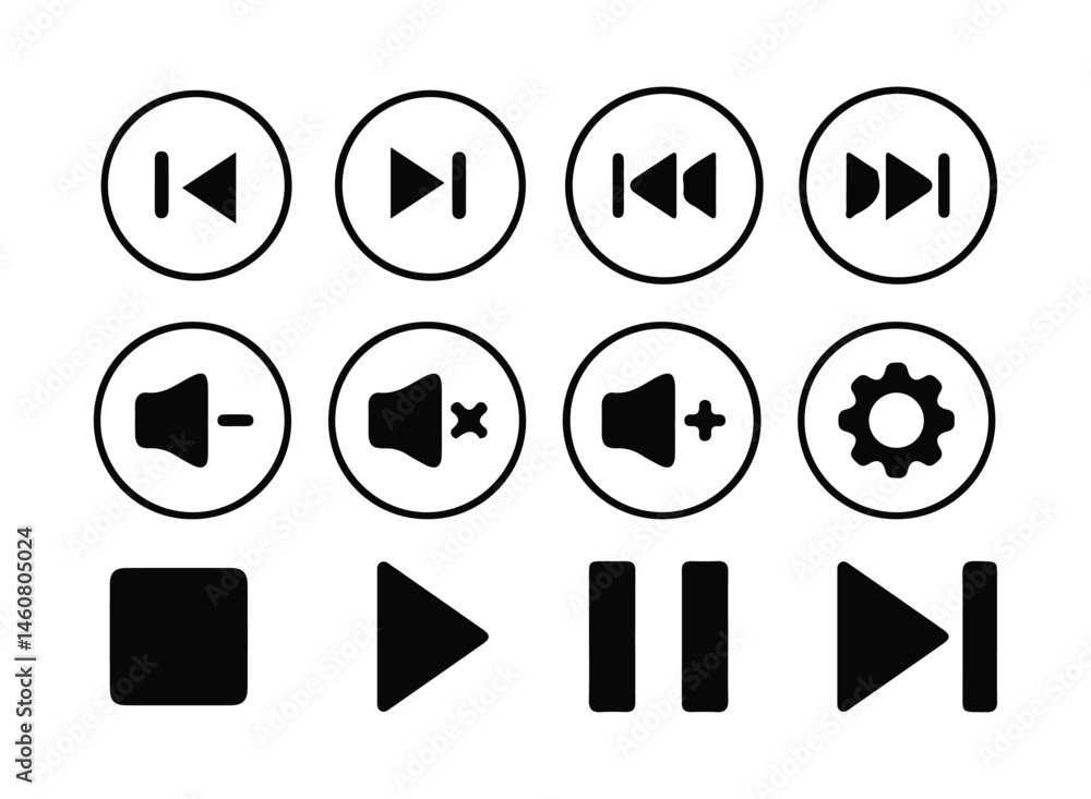 Media player icons. Play and pause buttons icon set, Collection of multimedia symbols isolated on transparent background. Vector eps 10 Media player icons. Play and pause buttons icon set, Collection of multimedia symbols isolated on transparent background. Vector eps 10