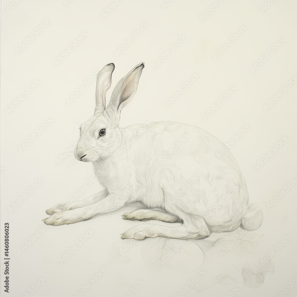 Obraz premium Elegant white hare resting in a serene pose; detailed pencil drawing on paper, studio shot, soft lighting, minimalist style