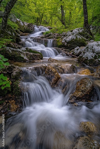 Cascading Waterfall Through Mossy Rocks in Lush Green Forest Long Exposure Eye Level View