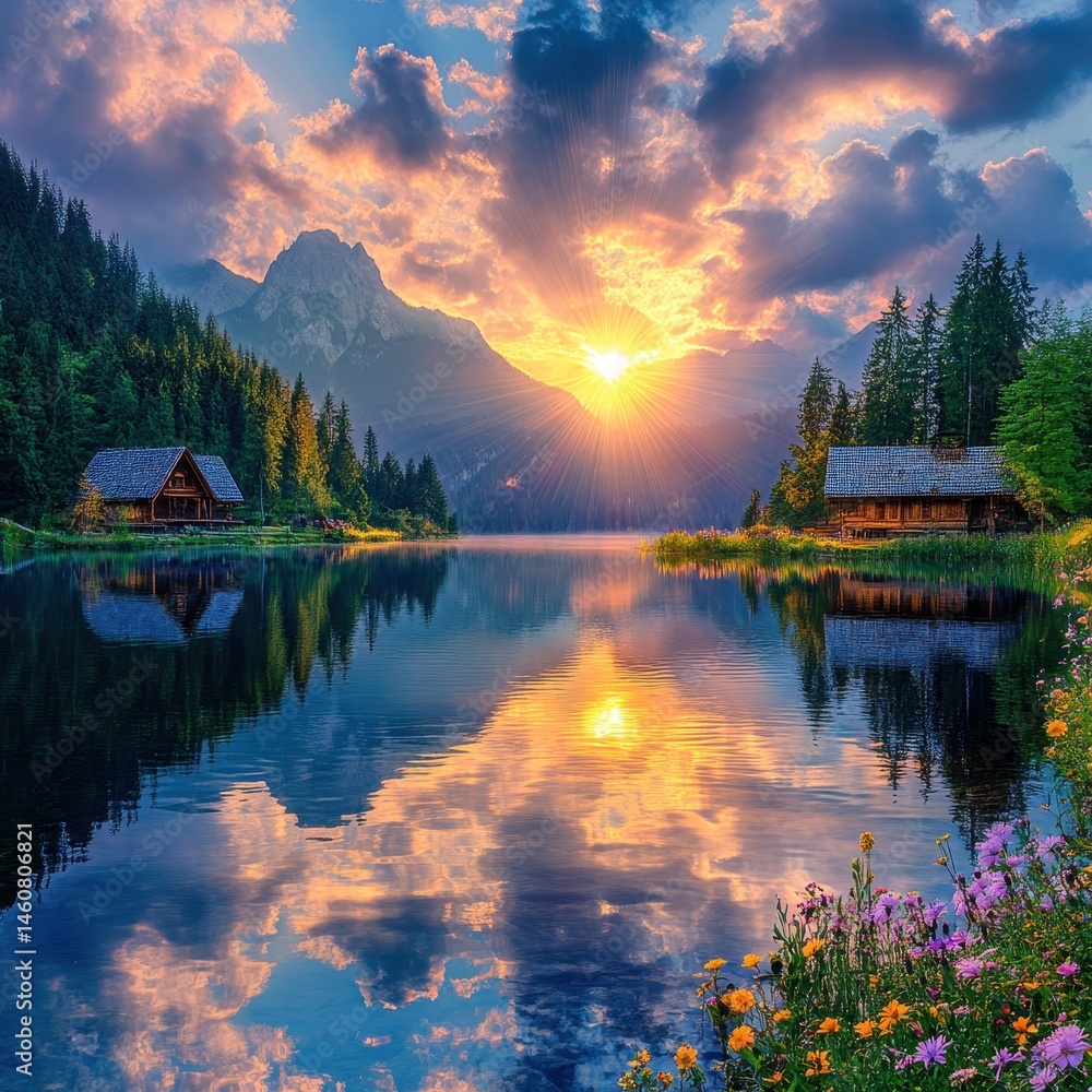 Obraz premium Sunrise over Lake Gosau with Cabin and Mountain Reflection in Austria Scenic Landscape Photography