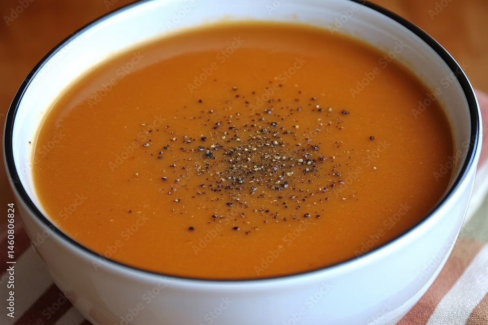Bowl of Tomato Soup with Pepper Garnish Close Up Overhead Shot Comfort Food Meal Simple Lunch Dinner Recipe Bowl of Tomato Soup with Pepper Garnish Close Up Overhead Shot Comfort Food Meal Simple Lunch Dinner Recipe
