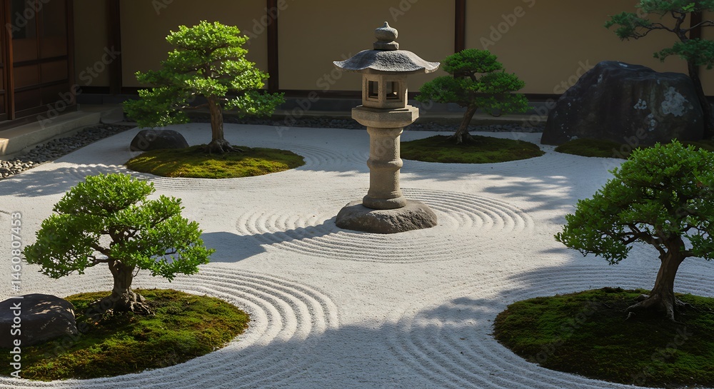 Serene Japanese Zen Garden with Stone Lantern and Bonsai Trees Serene Japanese Zen Garden with Stone Lantern and Bonsai Trees