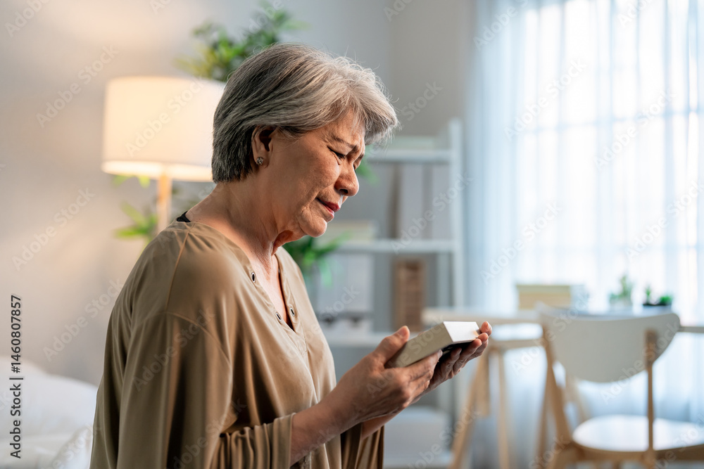 Asian senior grandmother sit alone on bed and look at family photograph. Asian senior grandmother sit alone on bed and look at family photograph.