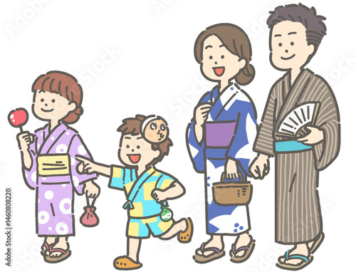 浴衣を着て歩く家族のイラスト
