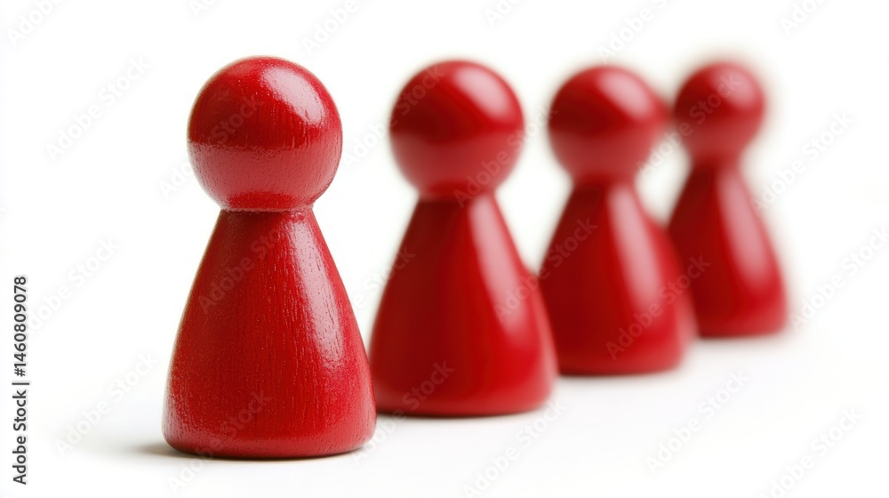 Red game pieces stand in a row on white background macro studio shot leadership concept competition strategy teamwork Red game pieces stand in a row on white background macro studio shot leadership concept competition strategy teamwork