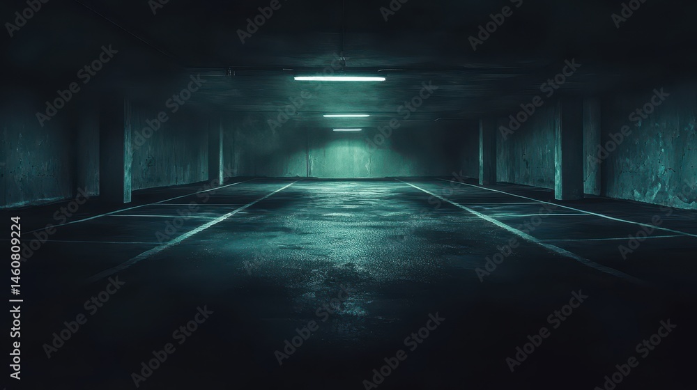 Empty Underground Parking Garage with Dim Lighting and Concrete Pillars Perspective View of Urban Structure Empty Underground Parking Garage with Dim Lighting and Concrete Pillars Perspective View of Urban Structure