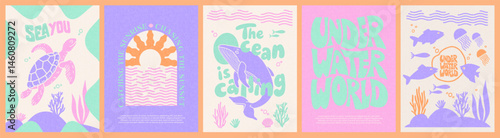 Abstract summer poster, card set with hand drawn underwater world lettering, sea turtle, whale, sunrise and sunset, various fish, algae and shells. Trendy summer design for branding, ads, print, decor