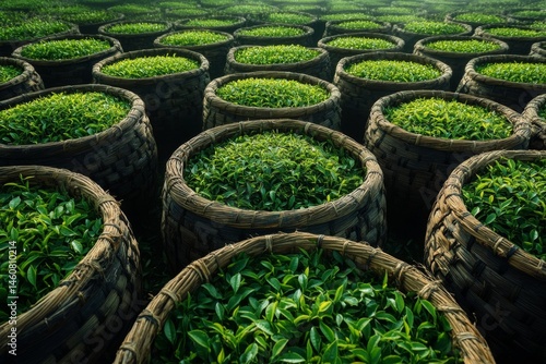 Top view of neatly arranged green tea plants in circular patterns on a plantation