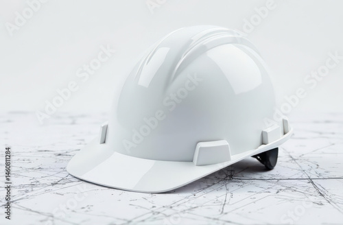 White hard hat on architectural blueprint