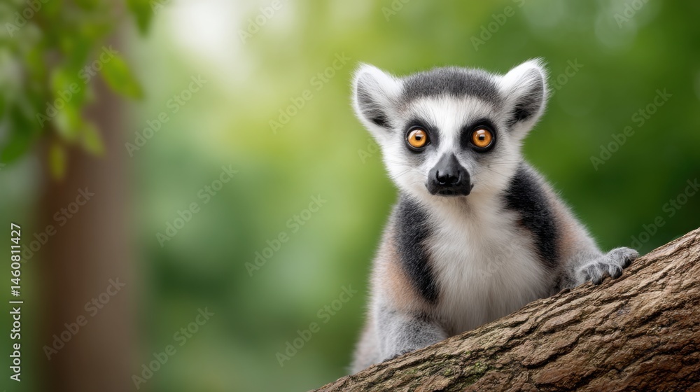 Obraz premium ring-tailed lemur sitting on a tree branch, expressive eyes looking into camera, blurred rainforest background, vibrant colors 