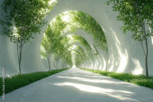 Futuristic white tunnel with green plants