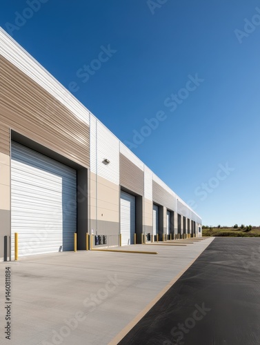 Modern industrial building exterior with loading docks and clear blue sky in perspective view, commercial real estate
