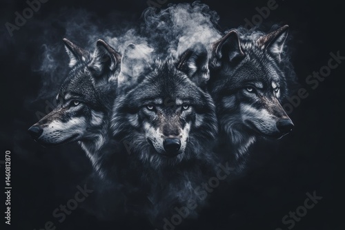 Three Wolves Head Illustration in Dark Fantasy Style with Smoke and Intense Gaze Digital Art