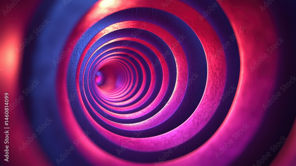 Naklejka premium Geometric spirals create a realistic 3D background illusion in 4K resolution, angled from the side, showcasing a mesmerizing, visually dynamic effect in purple and pink.