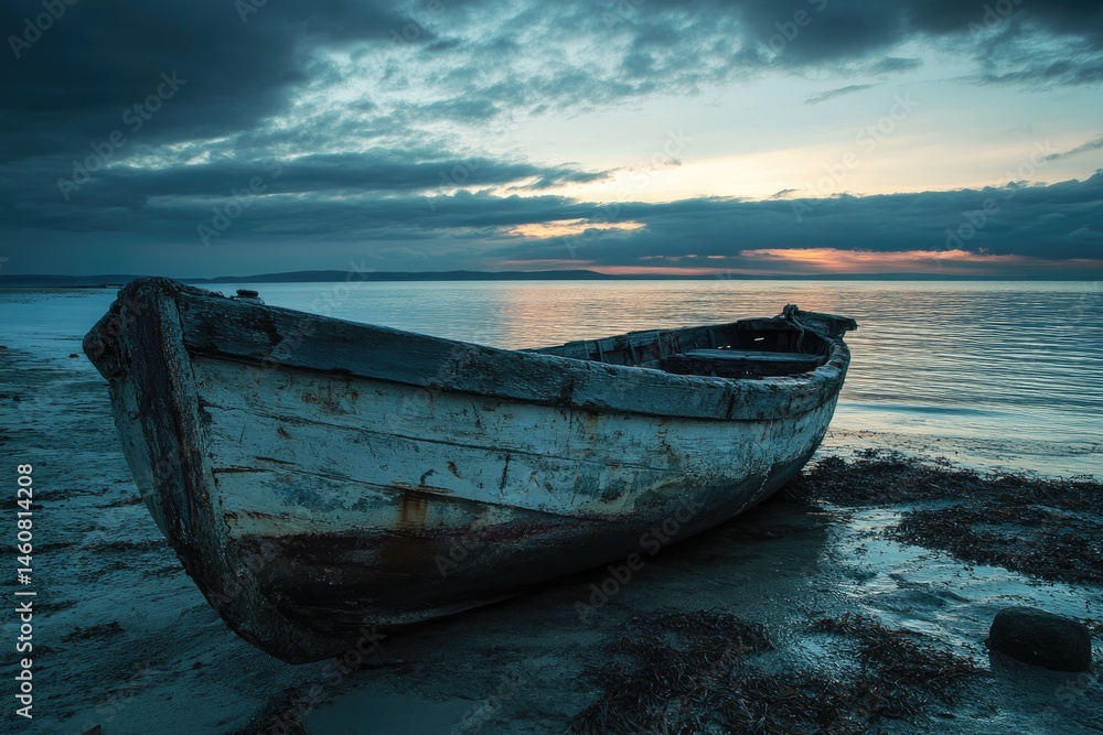 Old weathered boat on tranquil shore at sunset. Dark clouds and calm water Old weathered boat on tranquil shore at sunset. Dark clouds and calm water