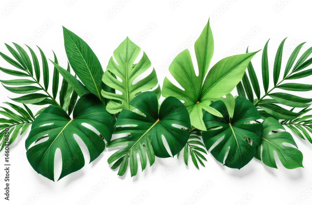 Tropical green foliage composition with monstera and palm leaves on white background Tropical green foliage composition with monstera and palm leaves on white background