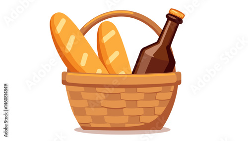 Picnic Basket with Bread and Drink  