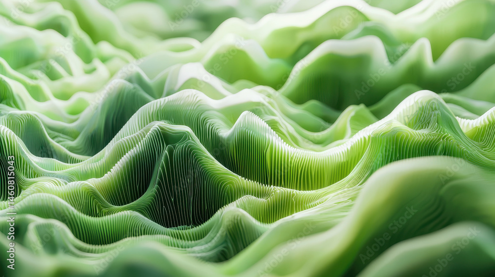 Obraz premium An abstract 3D landscape of rolling green hills evokes a realistic and serene feeling, presented in stunning 4K resolution for a visually immersive background.