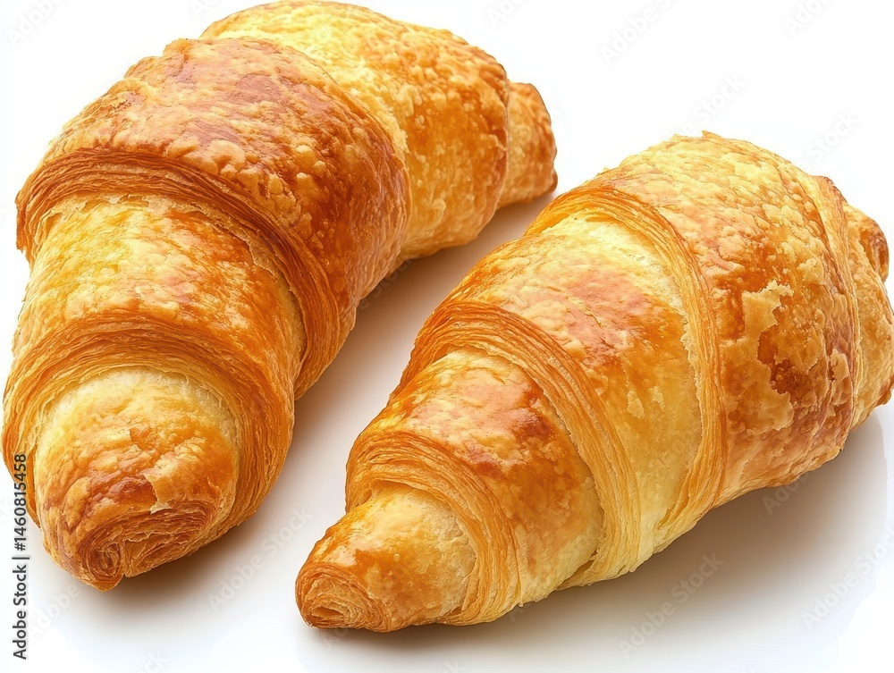 Two golden croissants on white background studio shot close up delicious viennoiserie pastry for breakfast or snack still life food photography Two golden croissants on white background studio shot close up delicious viennoiserie pastry for breakfast or snack still life food photography