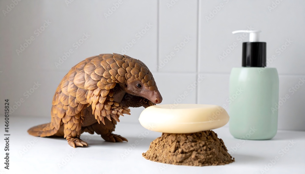 Obraz premium Pangolin Examining Soap on White Countertop