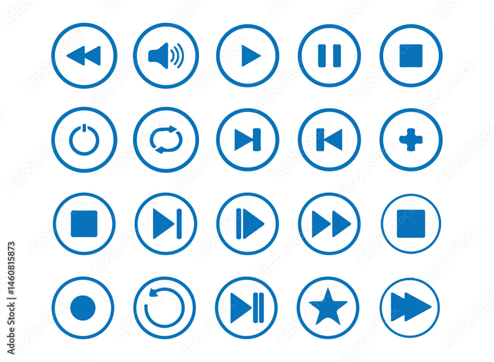 Collection of multimedia symbols. Audio, music interface and video player buttons. Play, pause, volume, stop, forward, previous, next icons in flat style. Media player icons set. vector eps 10 Collection of multimedia symbols. Audio, music interface and video player buttons. Play, pause, volume, stop, forward, previous, next icons in flat style. Media player icons set. vector eps 10