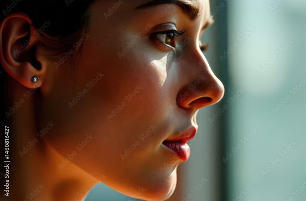Profile of a young caucasian female with reflective expression in natural light Profile of a young caucasian female with reflective expression in natural light