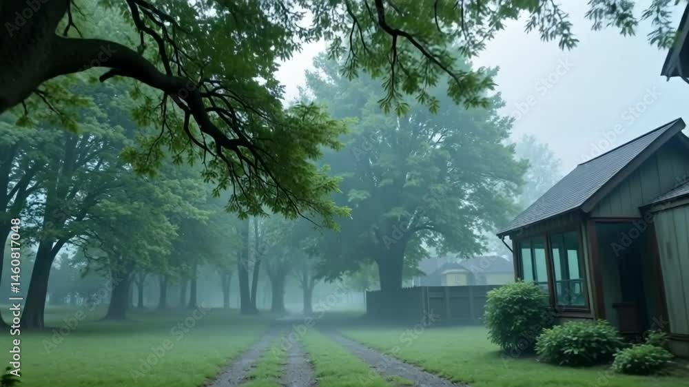 Serene Rainy Day Scene Lush Green Trees Enchanting Driveway Old Houses Foggy Atmosphere Serene Rainy Day Scene Lush Green Trees Enchanting Driveway Old Houses Foggy Atmosphere