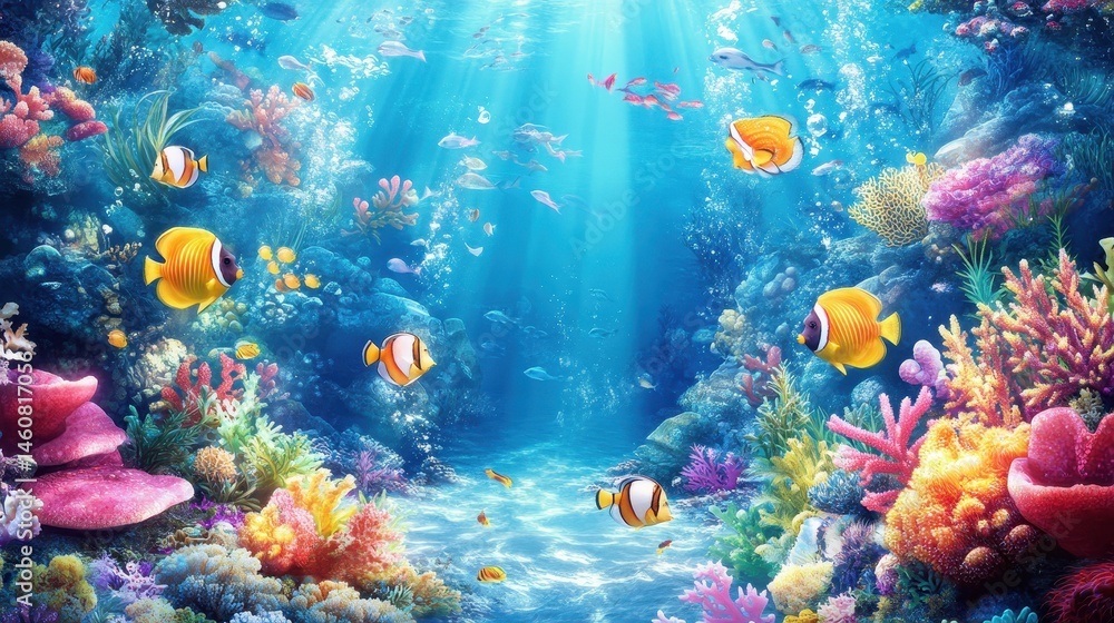 Obraz premium Colorful coral reef scene with tropical fish swimming in clear blue water sunbeams shining through the surface underwater marine life ecosystem