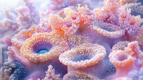 Fototapeta Naklejka Na Ścianę i Meble -  Realistic 4K hypnotic visuals of 3D coral reef formations creating a side angle underwater dreamscape background in soft pastel pinks and blues.