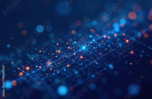 Abstract digital network background with glowing blue and orange bokeh lights