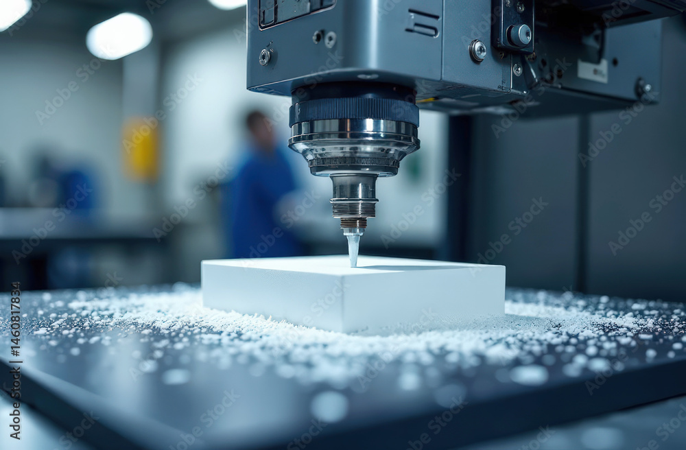 Industrial cnc machine milling polyurethane foam in precision manufacturing facility Industrial cnc machine milling polyurethane foam in precision manufacturing facility
