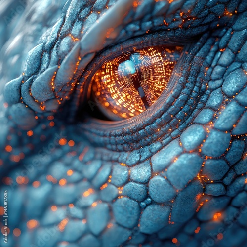 Close-up of a dragon eye, glowing with inner city. Detailed scales, fire-like details