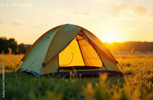 Yellow tent in scenic sunset meadow with lush grass landscape